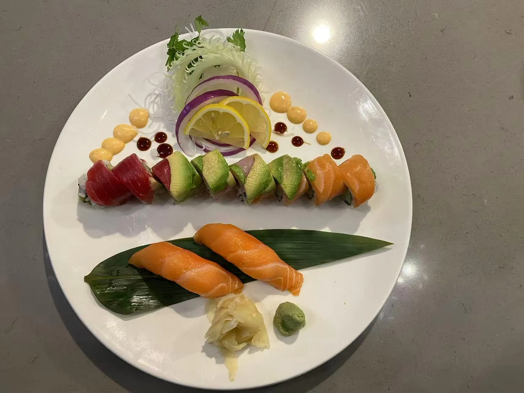 Rainbow Roll and Salmon Nigiri at D&J Asian Fusion Asian Restaurant in Peabody